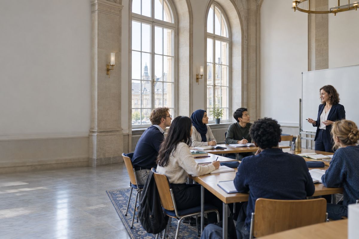 Historisches Universitätsgebäude mit Studierenden auf dem Vorplatz