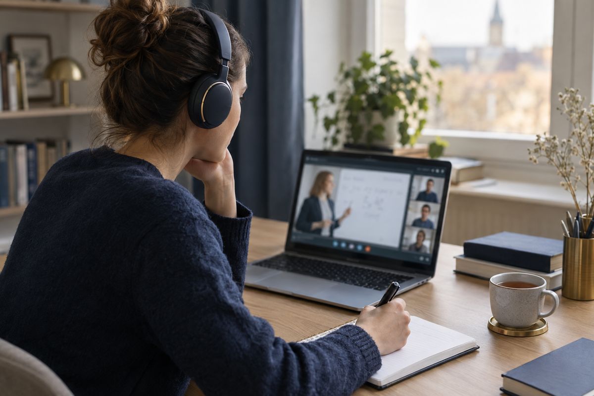 Lernende in einem Live-Online-Deutschkurs am Laptop mit virtuellem Whiteboard