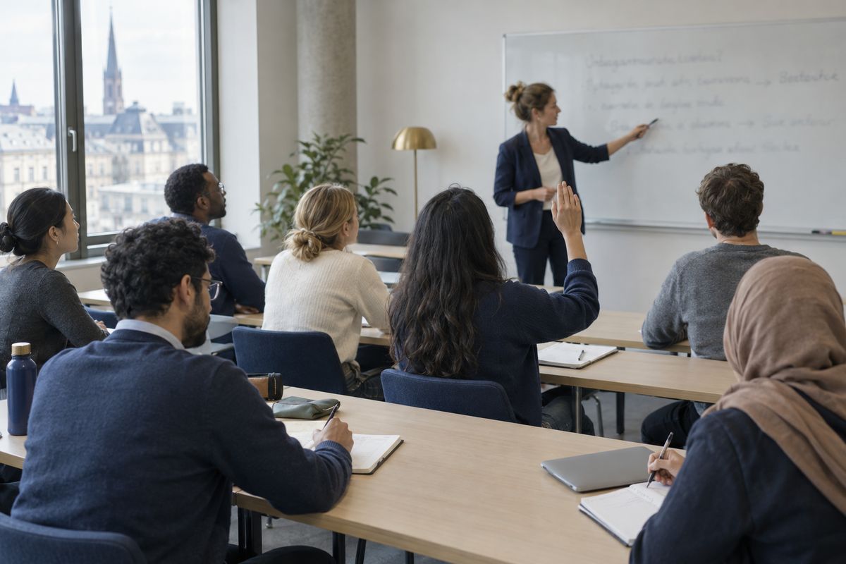 Kleine internationale Lerngruppe im Präsenz-Deutschkurs mit Lehrkraft am Whiteboard